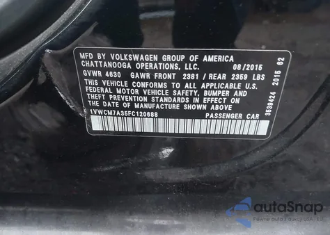 2015 Volkswagen Passat 3.6L V6 Sel Premium from USA, damaged, VIN 1VWCM7A35FC120688